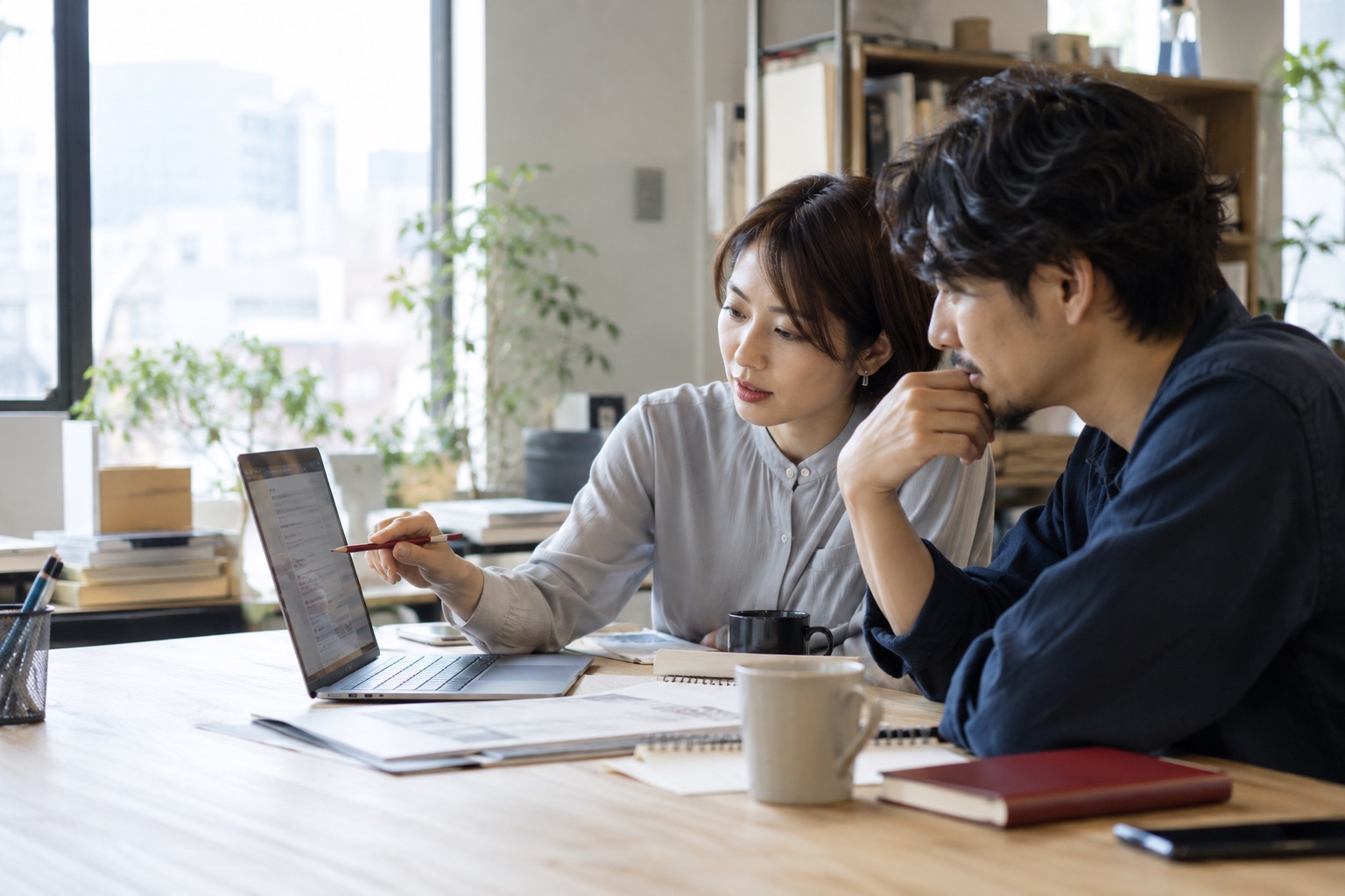 PCの画面を一緒に見ながら打ち合わせをしている職場のイメージ
