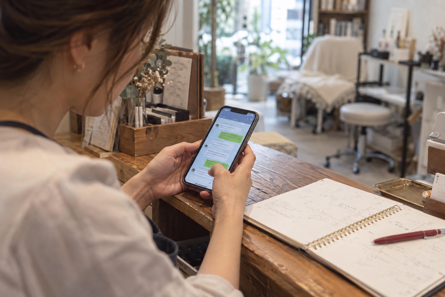 店舗のカウンターでスマートフォンの問い合わせに応対しているイメージ